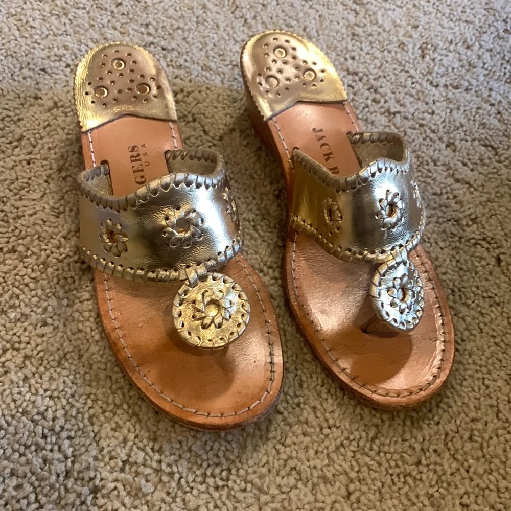Jack Rogers. Metallic Gold Leather Wedge Sandals